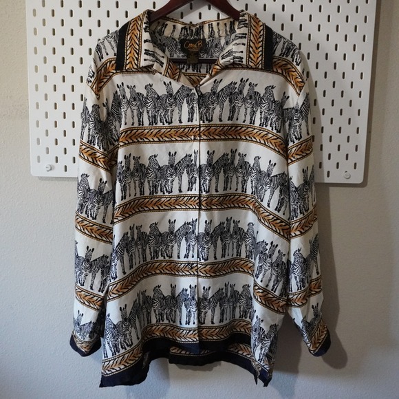 Corey B New York Zebra Print Silk Button Up Blouse Long Sleeve Women's 1X - Picture 1 of 12